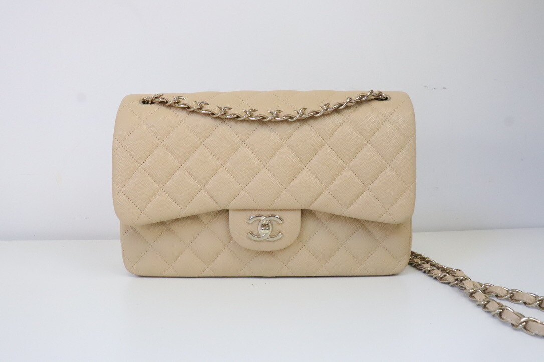 Chanel Classic Jumbo Double Flap, 19C Beige Caviar Leather, Gold Hardware, Preowned in Box