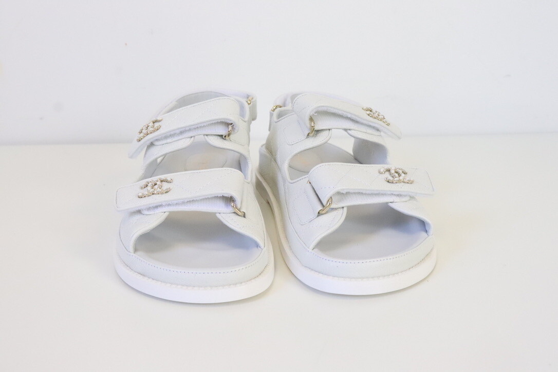 Chanel Dad Sandals, White Caviar Leather, New in Box