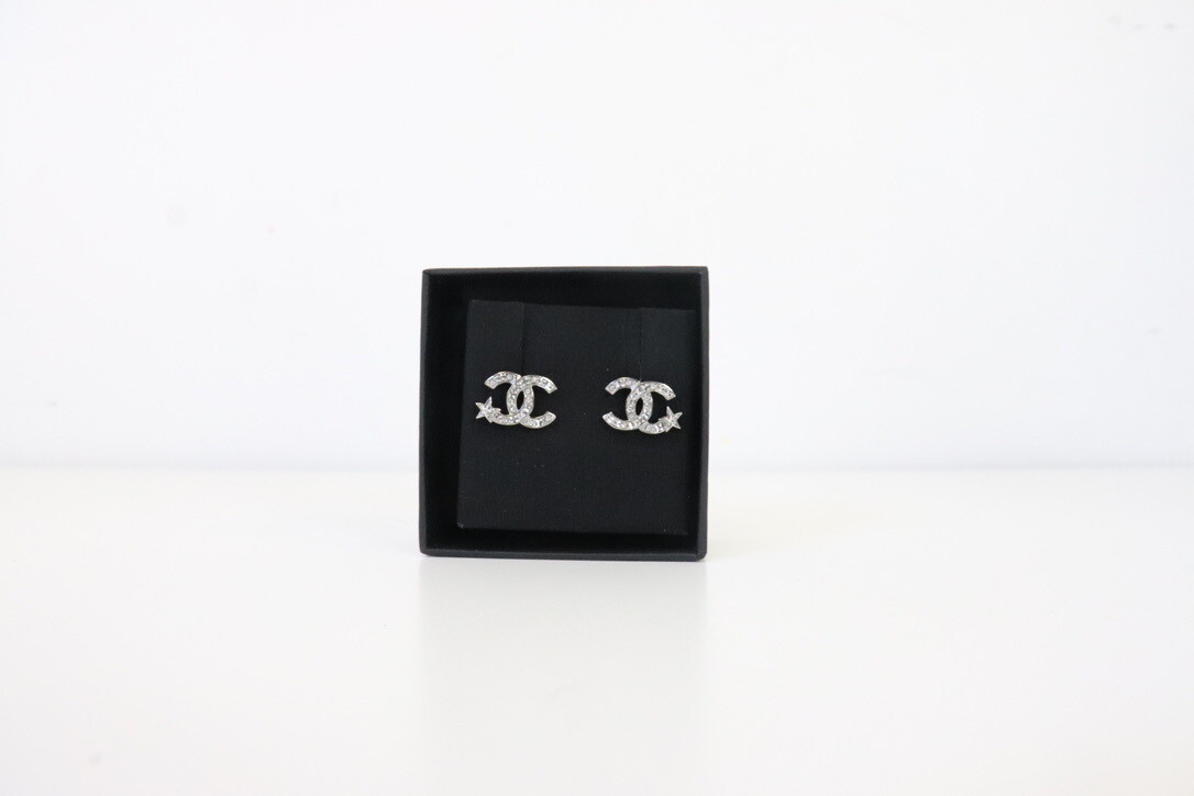 Chanel Earrings Studs Crystal with Star, Silver, New in Box