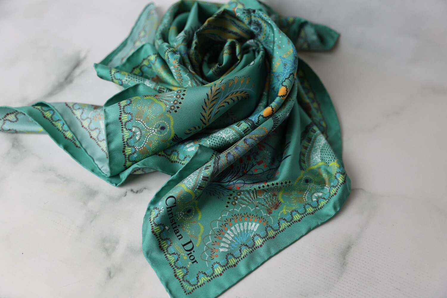 Dior Silk Scarf, Green Multicolor, New in Box WA001