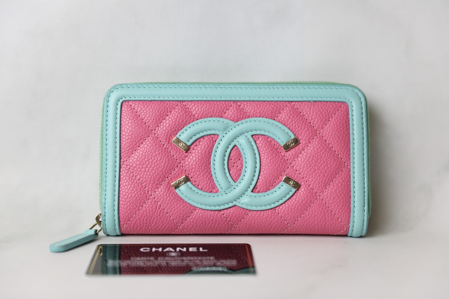 Chanel SLG Filigree Zip Wallet, Pink and Blue Caviar with Gold Hardware, Preowned in Box WA001