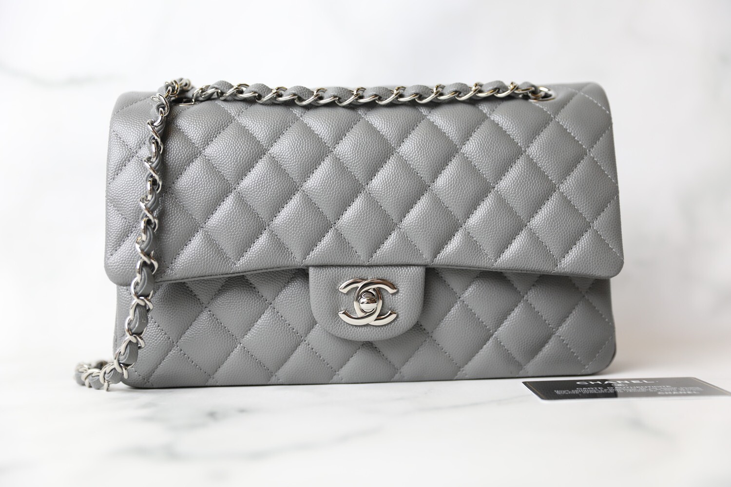 Chanel Classic Medium Double Flap 17B Gray/Grey Quilted Caviar with silver  hardware