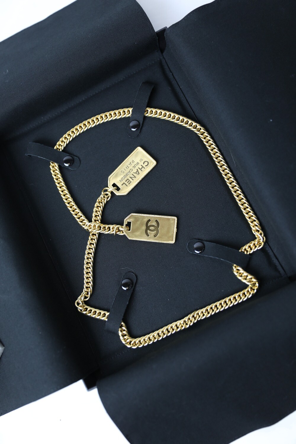 Chanel Dog Tag Necklace Gold Tone, New in Box WA001