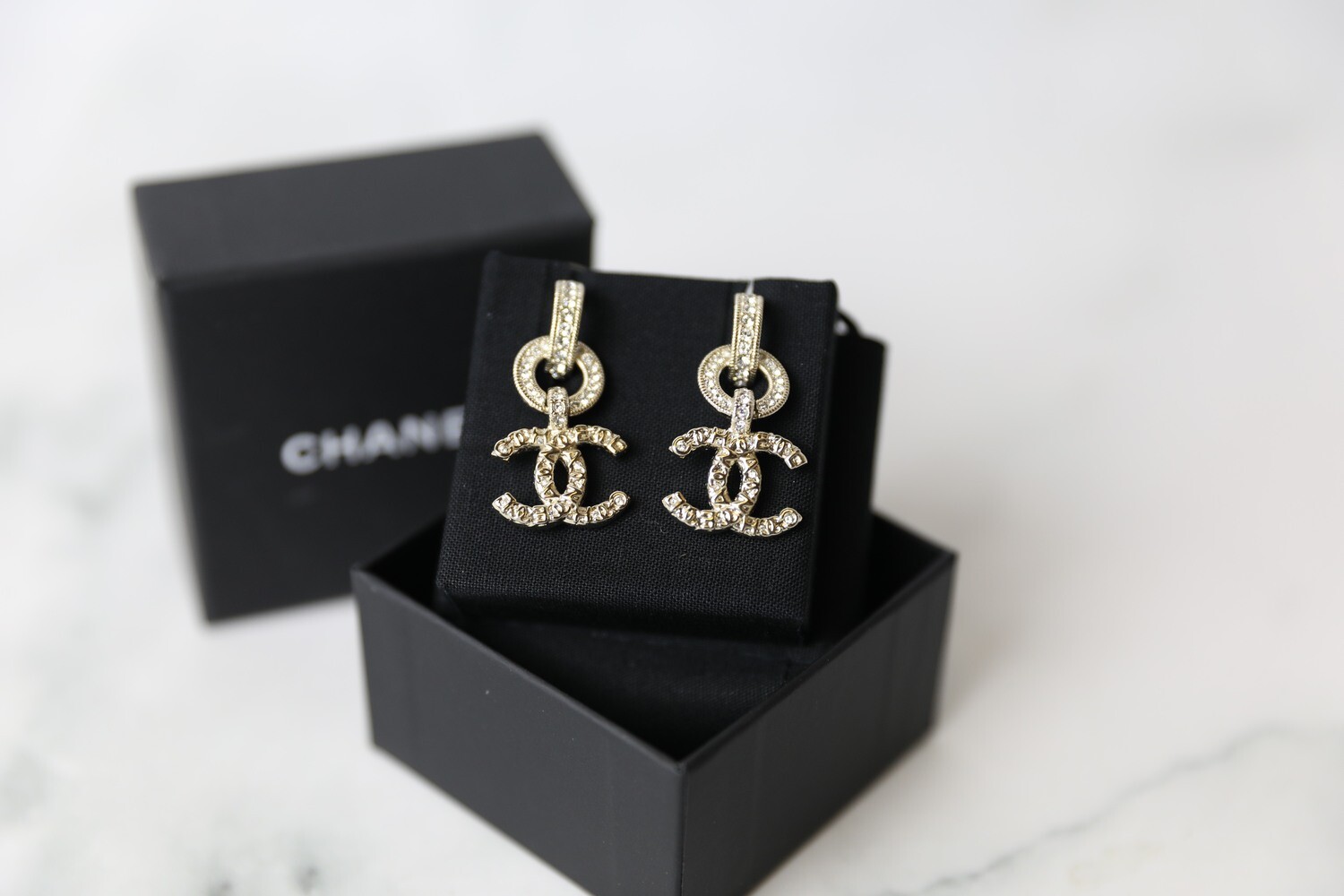 Chanel Drop Earrings, Circle with CC Crystal, New in Box