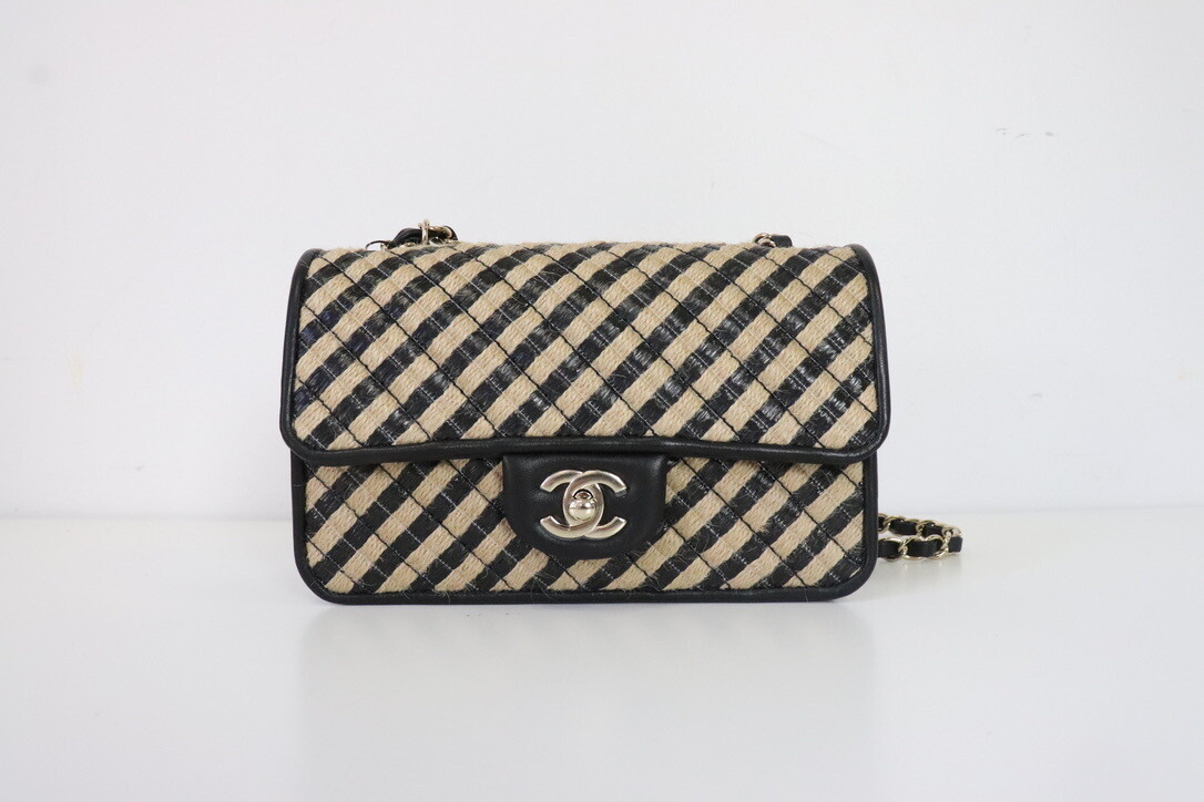 Chanel Raffia Flap Bag, Black Stripe, New in Dustbag