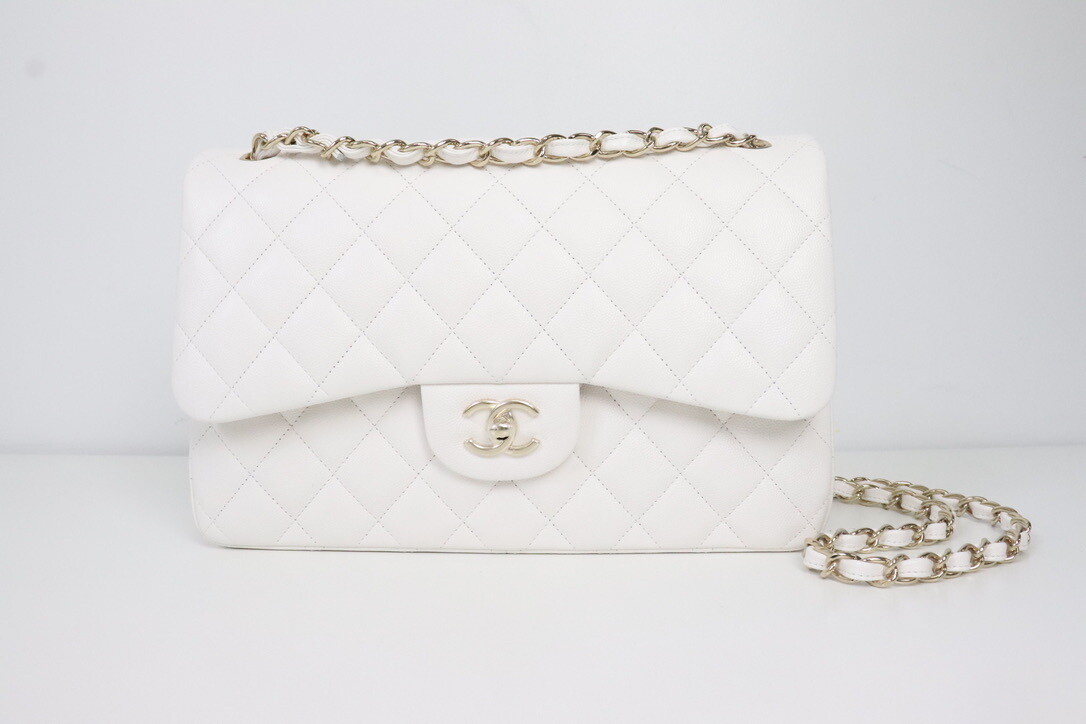 Chanel Classic Jumbo Double Flap White Caviar Leather, Gold Hardware, New in Box