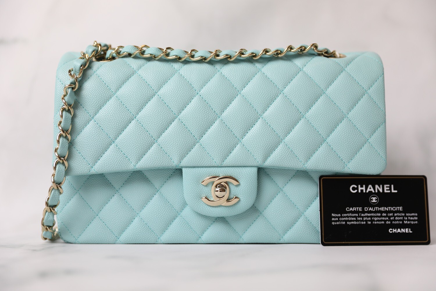 Chanel Classic Medium, Tiffany Blue Caviar with Gold Hardware