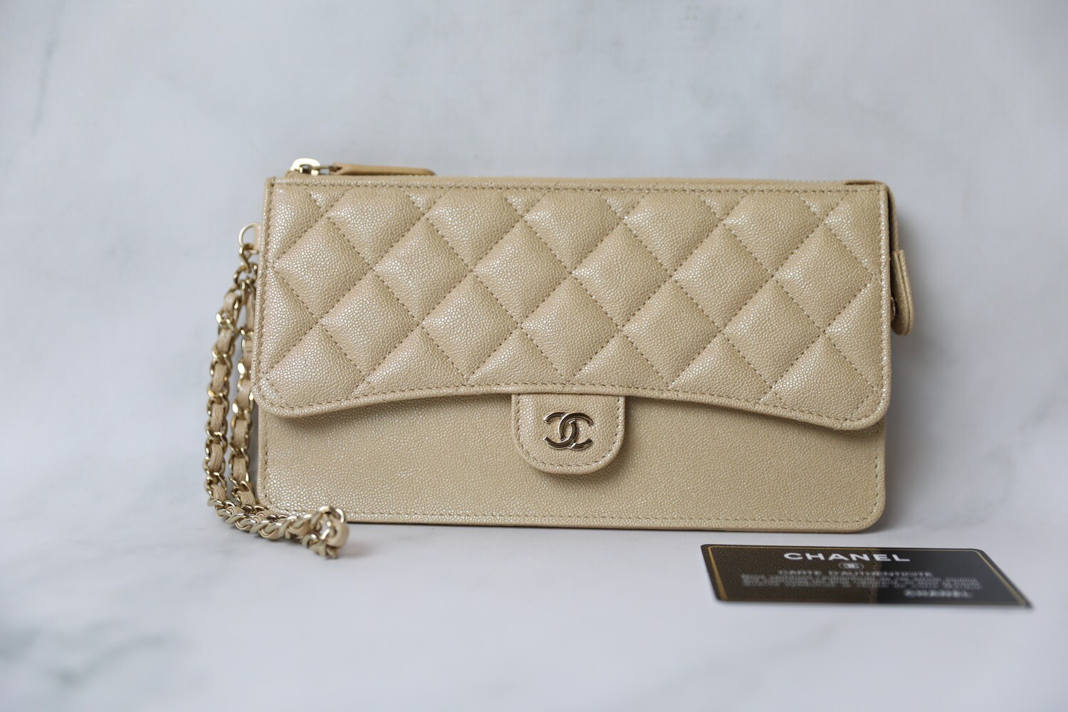 Chanel Wristlet, Beige Iridescent Caviar with Gold Hardware, New in Box WA001