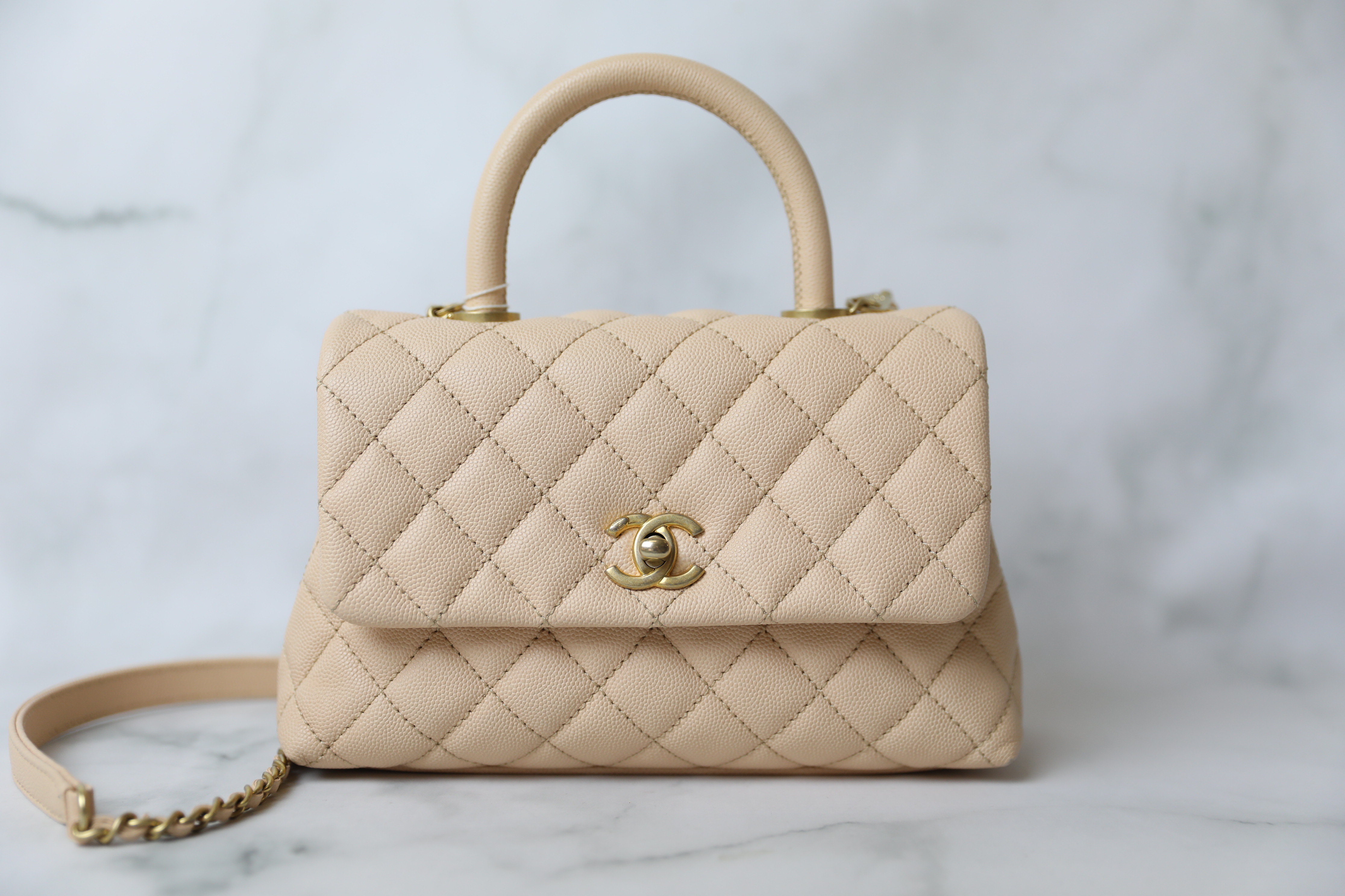 Chanel Beige Quilted Caviar Mini Coco Top Handle Pale Gold