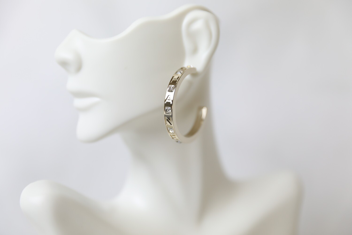 Chanel Earrings, Hoops, Crystal and Lettering, New in Box