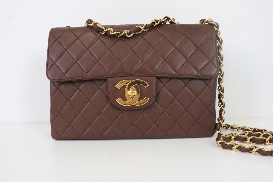 Chanel Vintage Jumbo Brown Lambskin Leather, Gold Hardware, Preowned in Dustbag