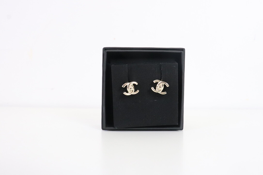 Chanel Earrings Gold Turnlock Studs, New in Box