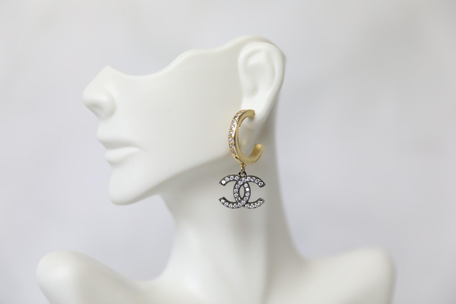 Chanel Gold and Crystal Hoop with Drop CC, New in Box