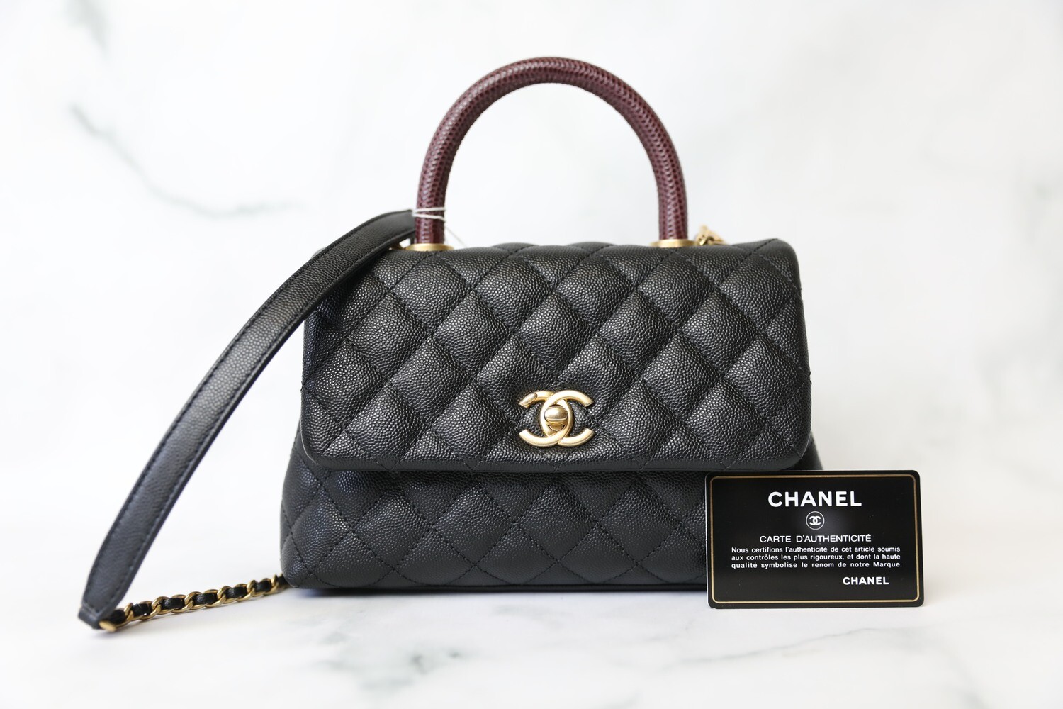 Chanel Coco Handle Mini, Black Caviar with Burgundy Handle, Preowned in Box WA001