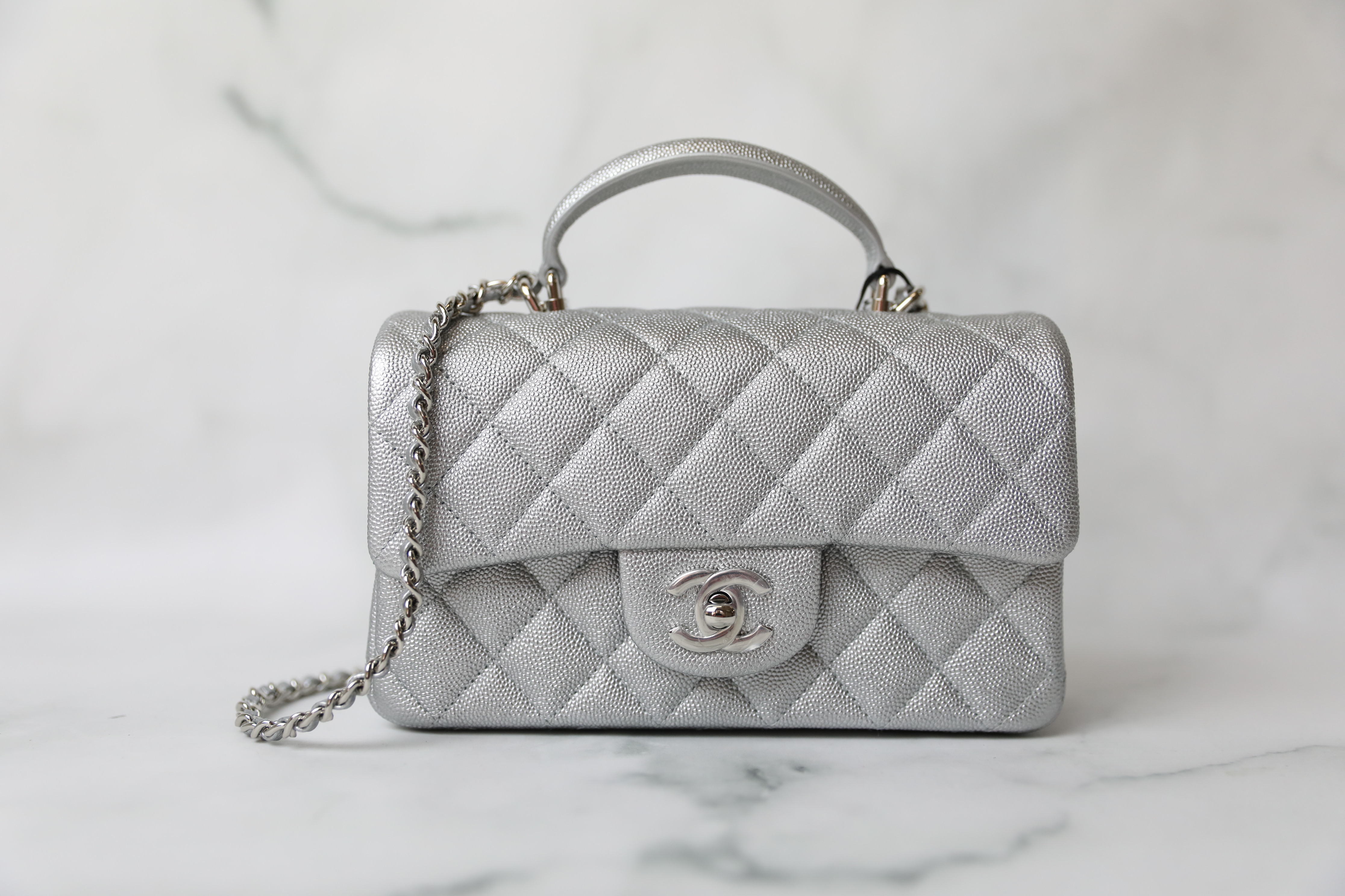 Chanel Mini with Top Handle, Silver Caviar with Silver Hardware, New in  Dustbag WA001
