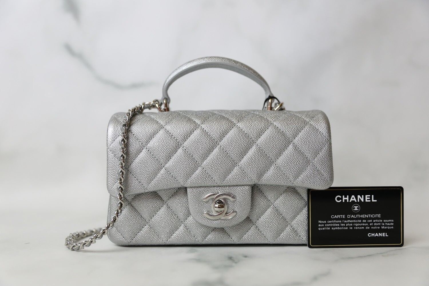 Chanel Mini with Top Handle, Silver Caviar with Silver Hardware, New in  Dustbag