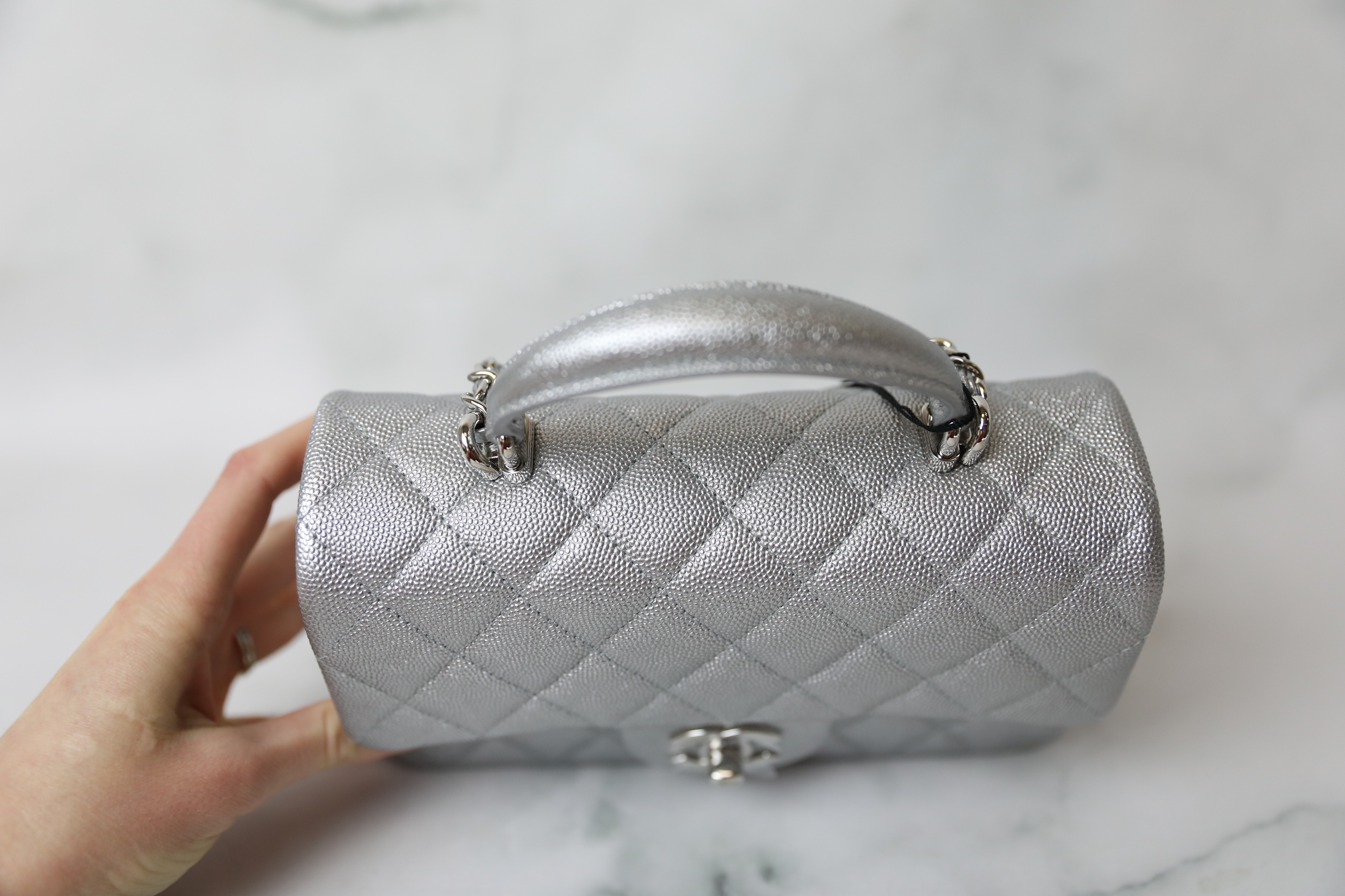 Chanel Mini with Top Handle, Silver Caviar with Silver Hardware