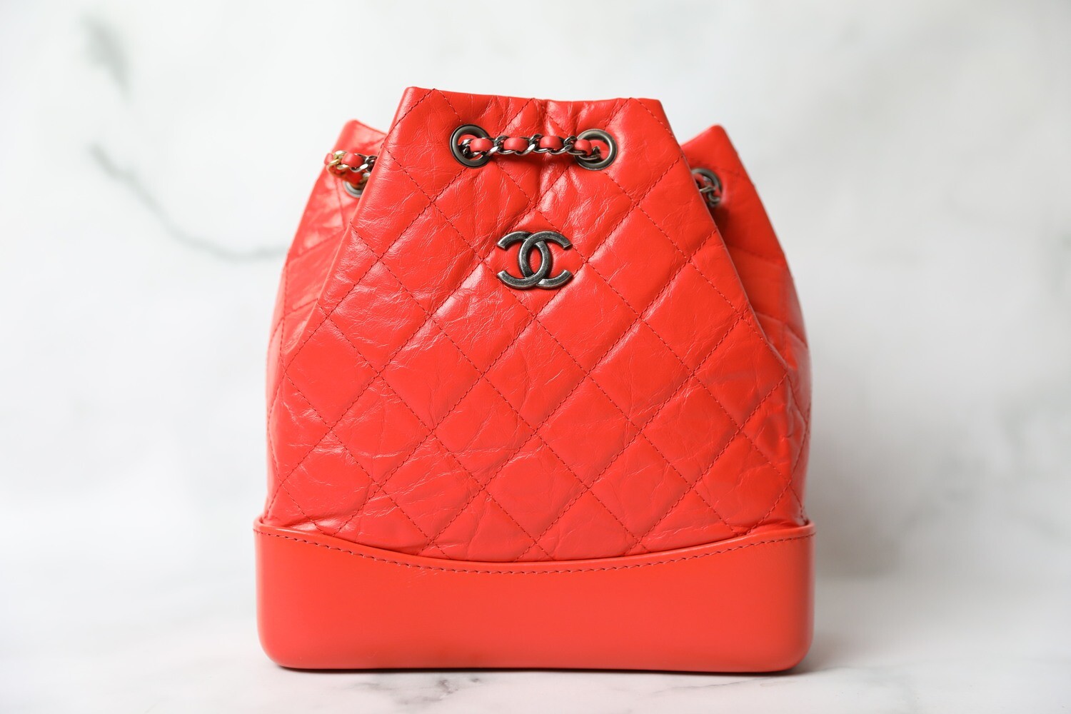 Chanel Gabrielle Backpack, Coral Red Calfskin, Preowned in Box