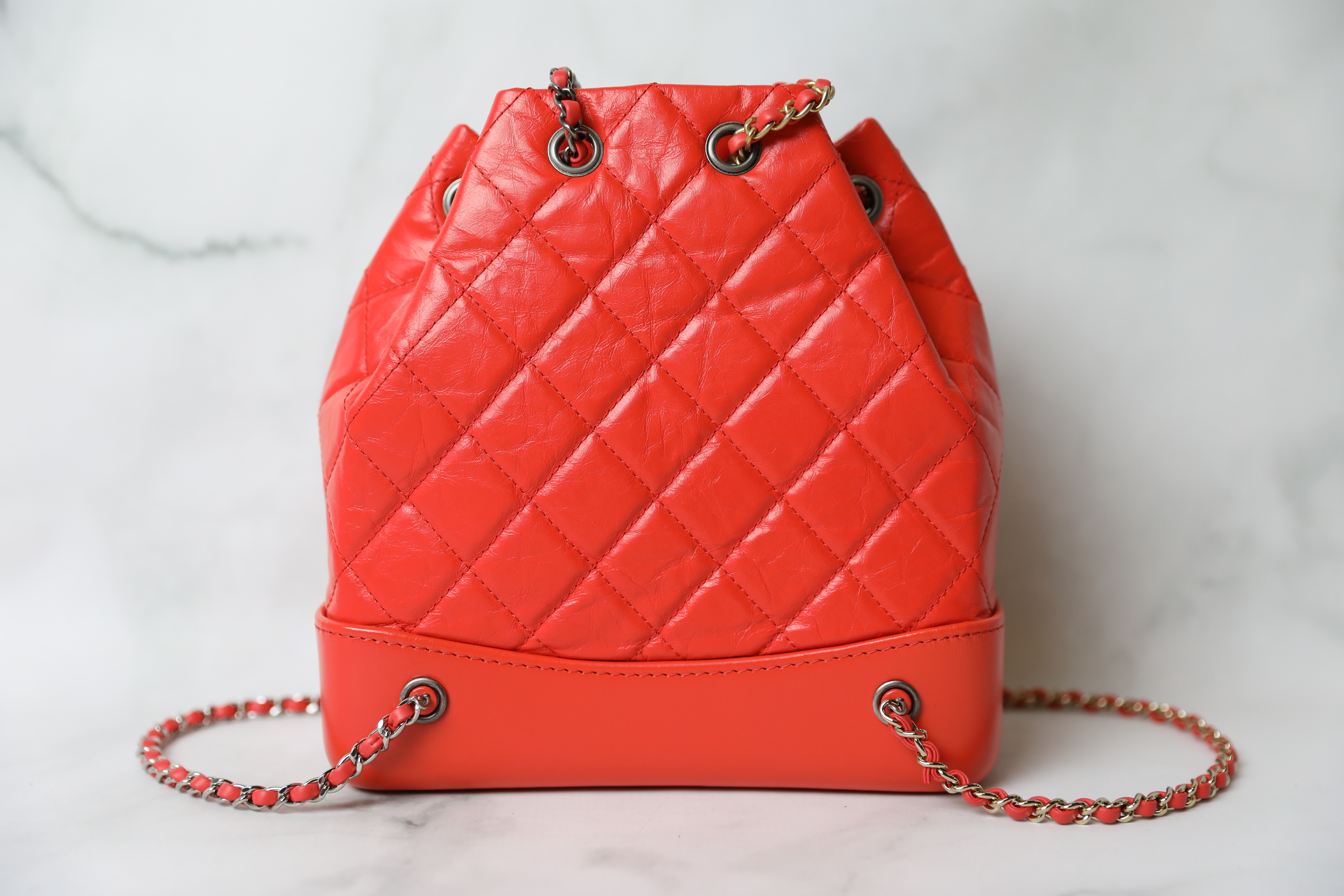 Chanel Gabrielle Backpack, Coral Red Calfskin, Preowned in Box WA001
