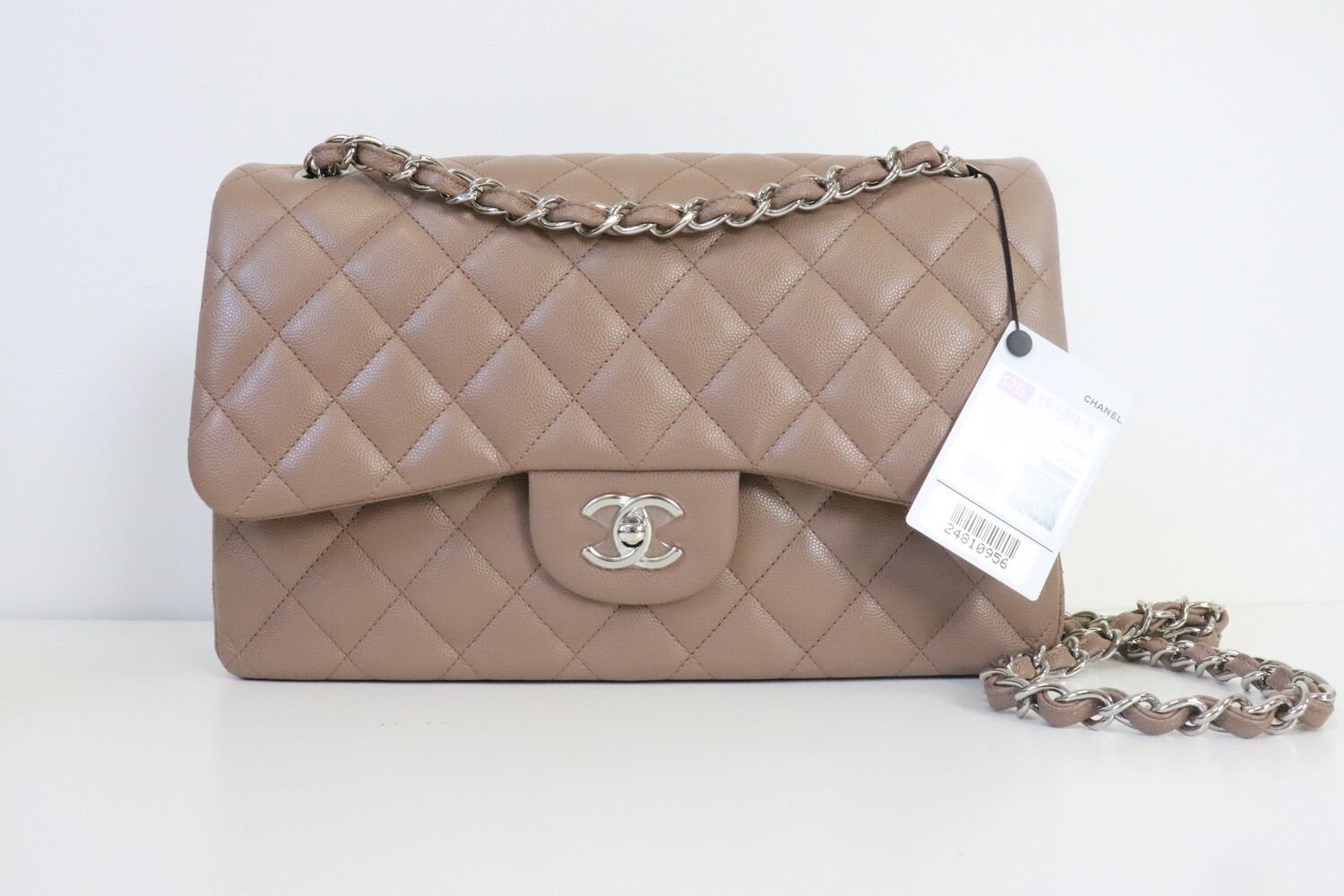 Chanel Classic Jumbo Double Flap 17B Dark Beige / Brown Caviar Leather, Silver Hardware, Like New in Box