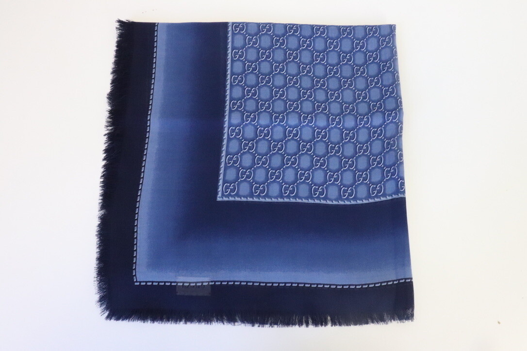 Gucci Shawl GG Blue Lightweight Silk Modal with Fringe, New in Tissue - No Box