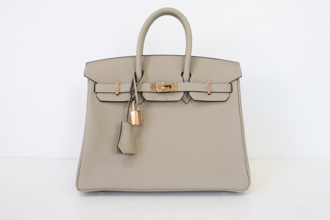 Hermes Birkin 25 Gris Tourterelle Togo Leather, Rose Gold Hardware, Preowned in Box (2018)