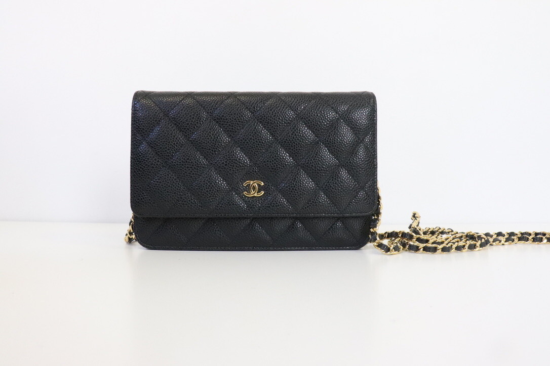 Chanel Classic Wallet on Chain, Black Caviar Leather, Gold Hardware, Preowned in Box