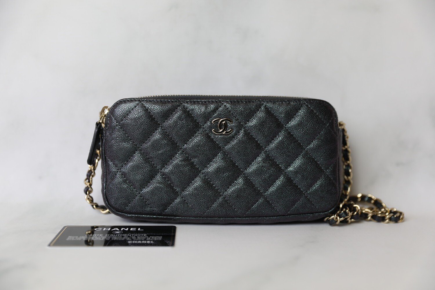 Chanel Clutch with Chain, Black Iridescent with Gold Hardware, Preowned in Box WA001