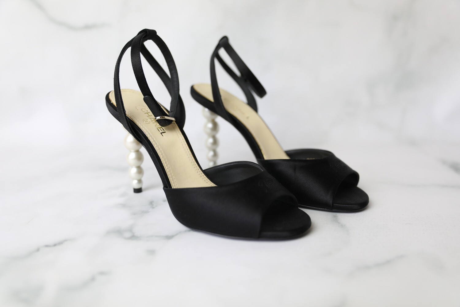 Chanel Peep Toe Pumps with Pearl Heels, Black Satin, Size 38, New in Box WA001