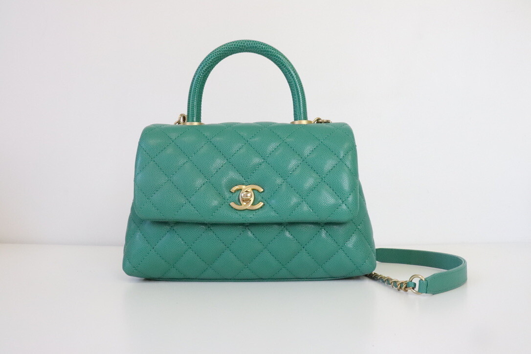 Chanel Coco Handle Mini in Green Caviar Leather with Gold Hardware Preowned in Box