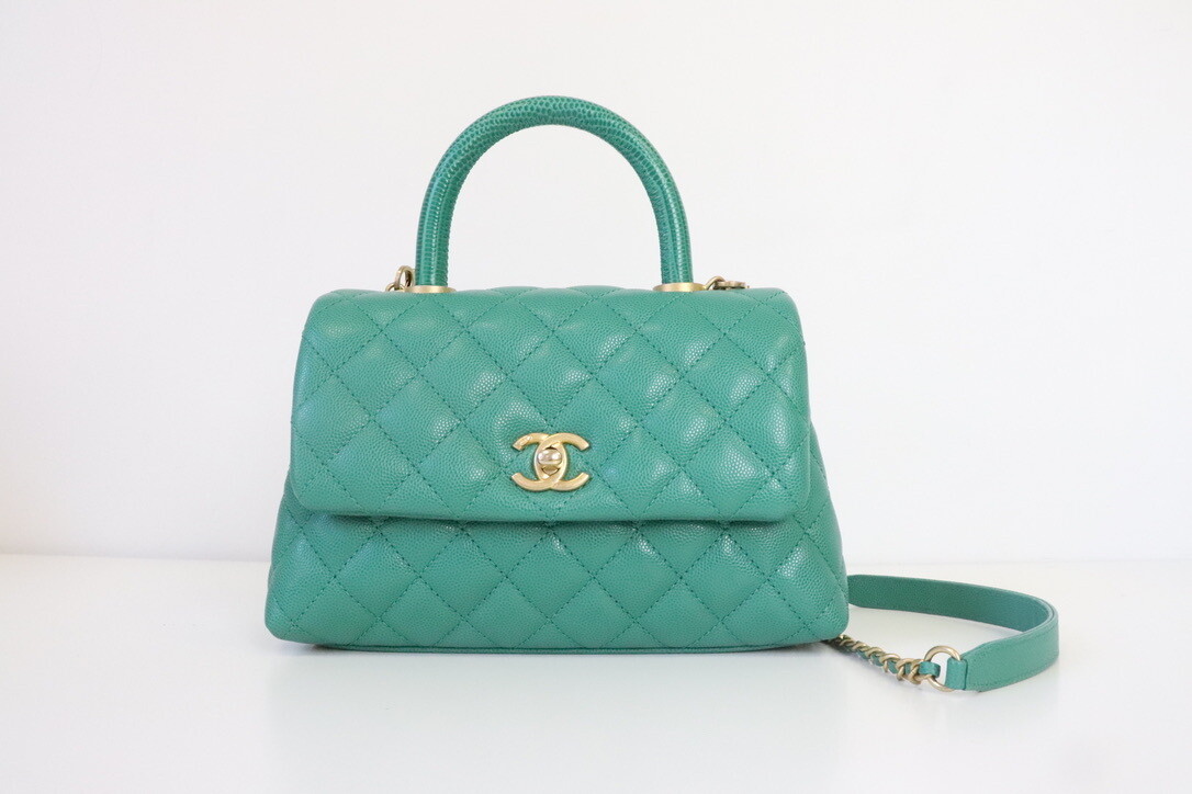 Chanel Coco Handle Mini in Green Caviar Leather with Gold Hardware,  Preowned in Box