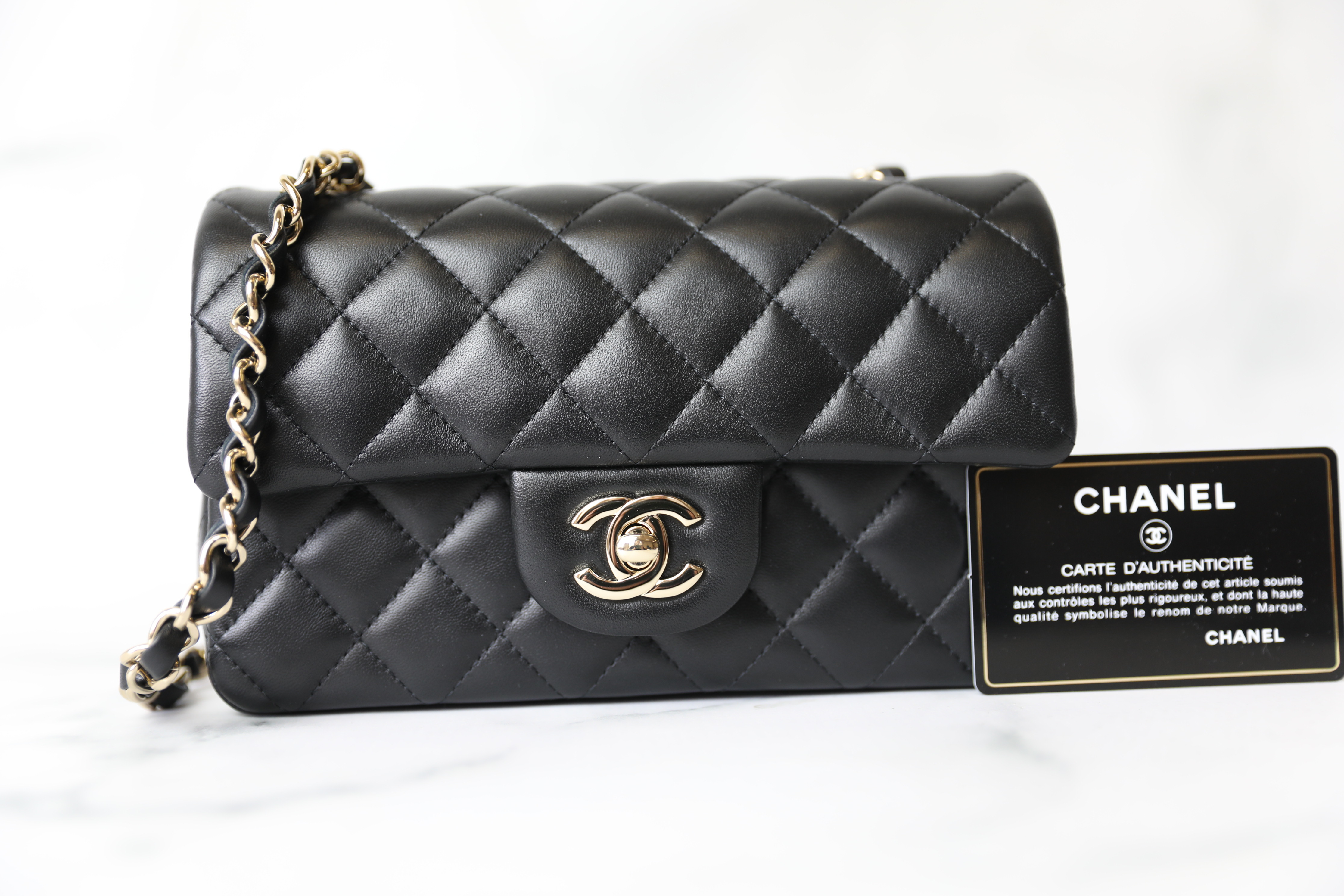 Chanel Classic Rectangular Mini, Black Lambskin with Light Gold Hardware,  New in Box - Julia Rose Boston