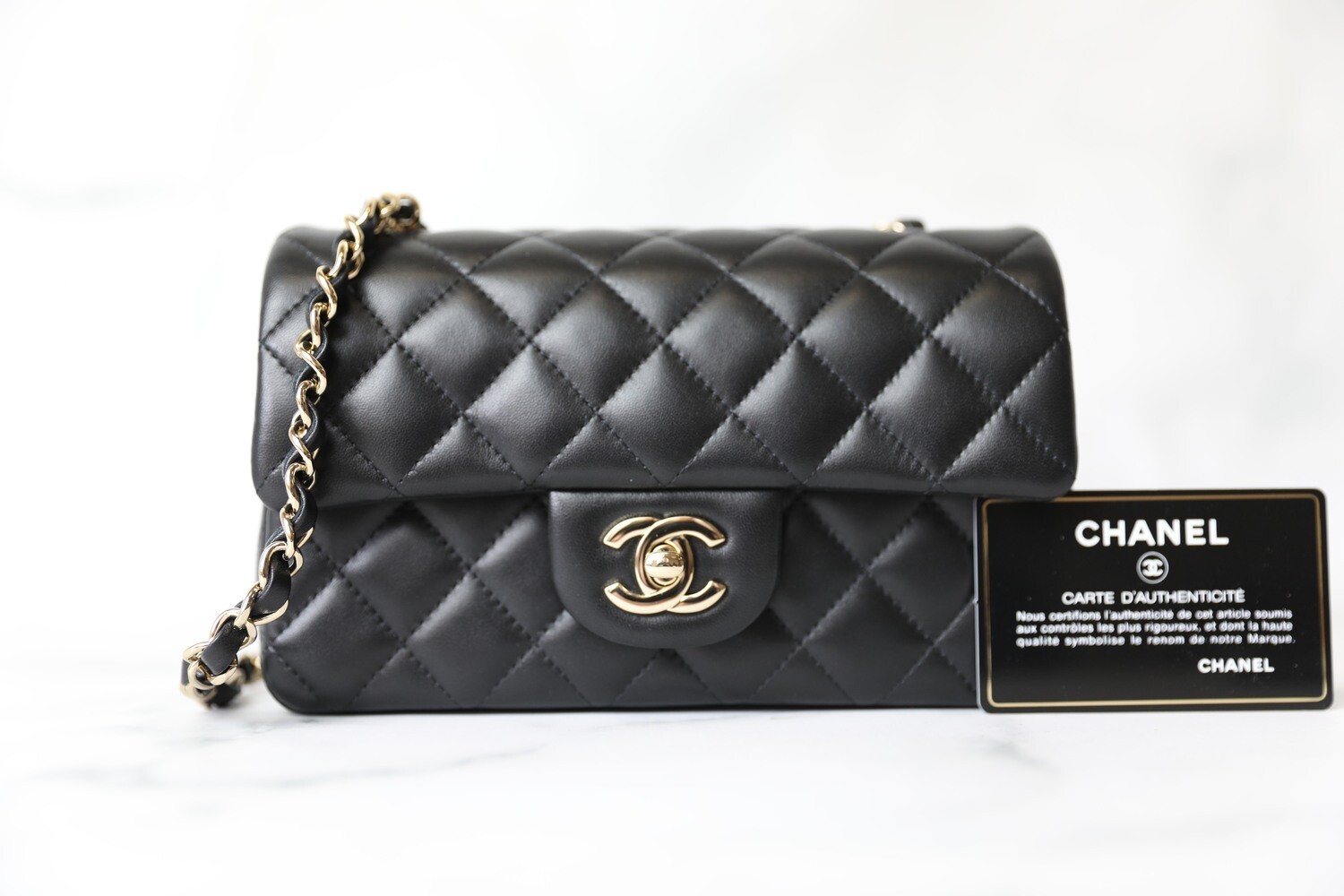 Chanel Classic Rectangular Mini, Black Lambskin with Light Gold Hardware,  New in Box
