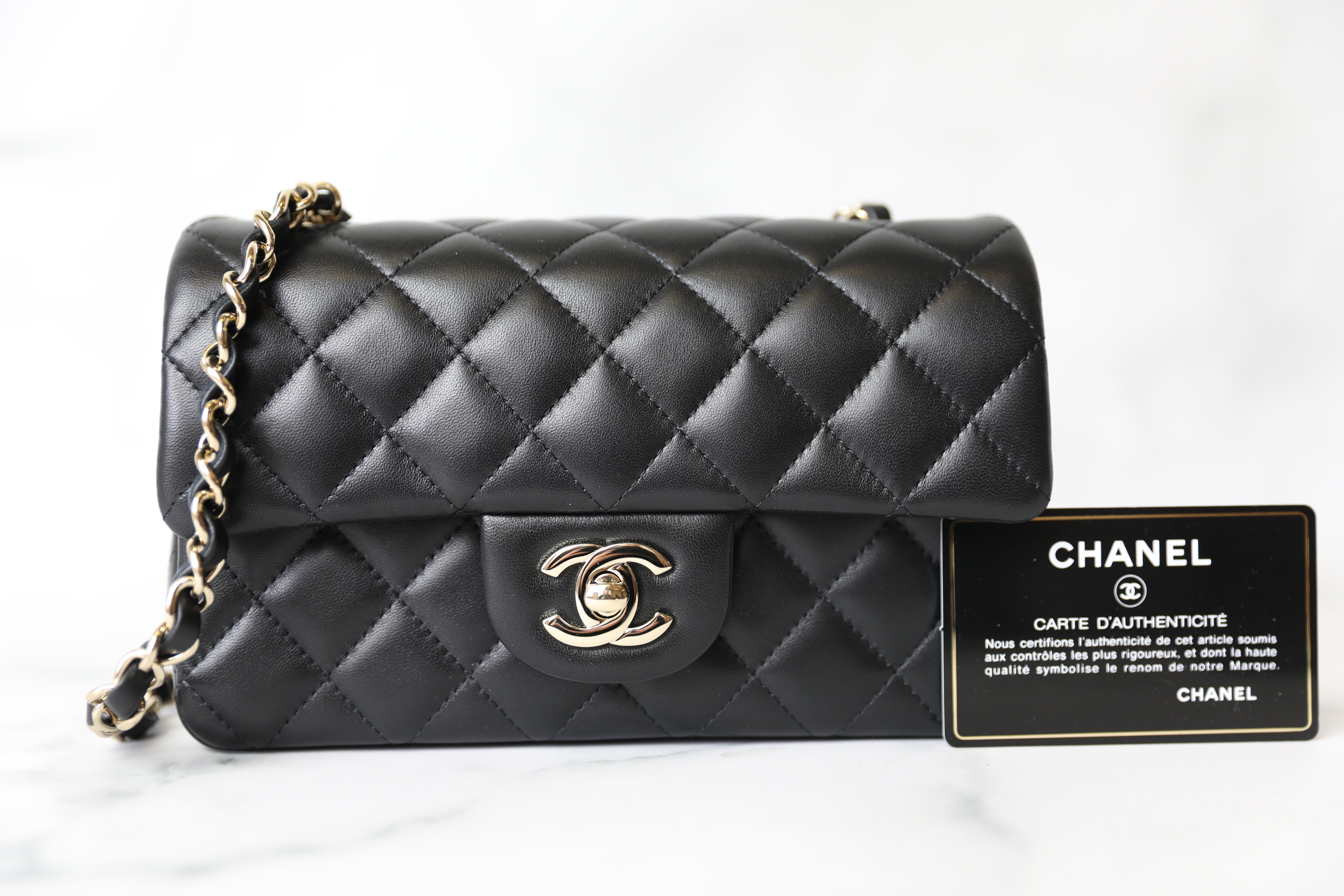 Chanel Classic Rectangular Mini, Black Lambskin with Light Gold Hardware,  New in Box - Julia Rose Boston