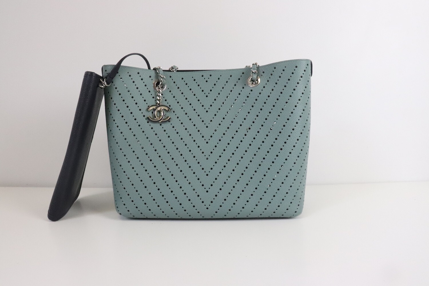 Chanel Tote Perforated Seafoam Green, Silver Hardware, Preowned in Box