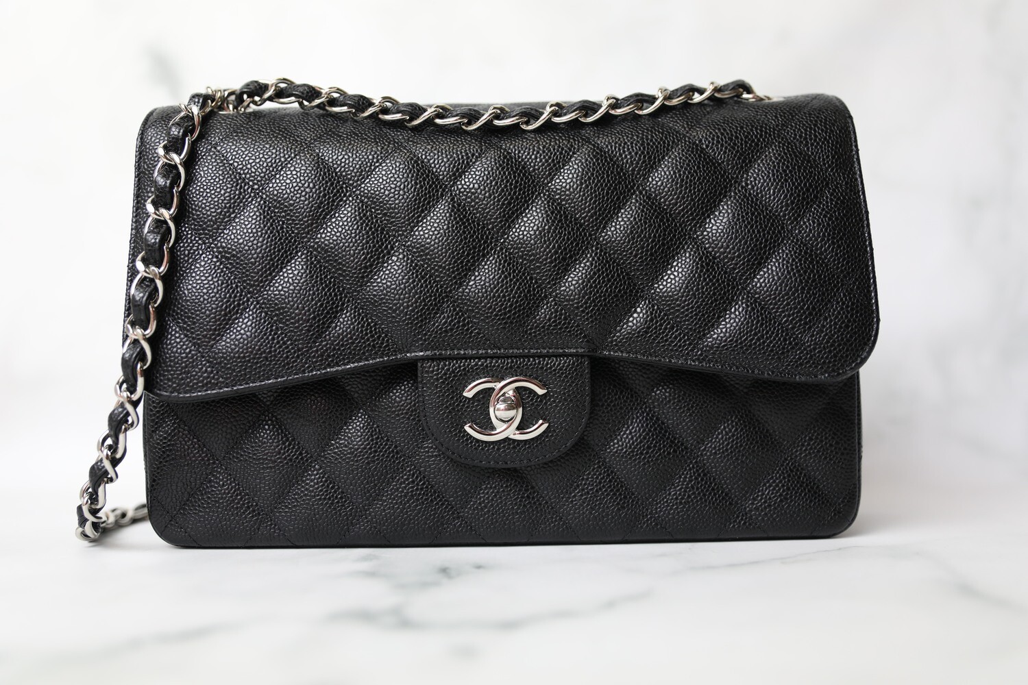 Chanel Classic Jumbo, Black Caviar with Silver Hardware, Preowned in Box WA001