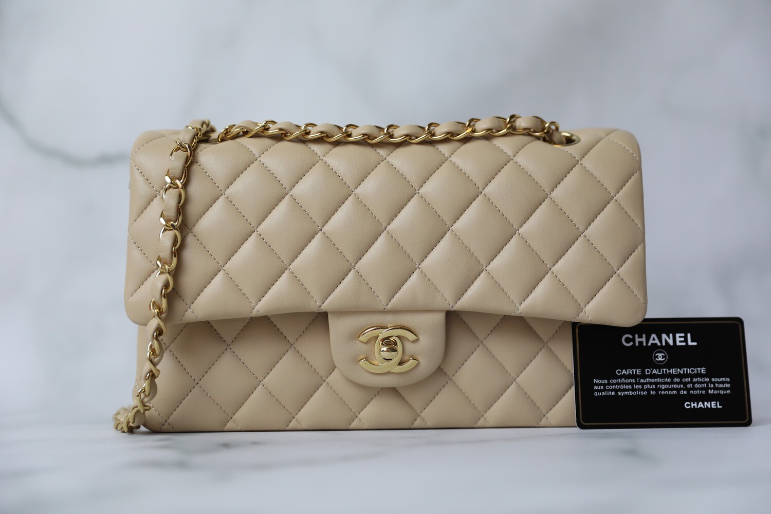 Chanel Classic Medium, Beige Lambskin with Gold Hardware, Preowned In Box WA001