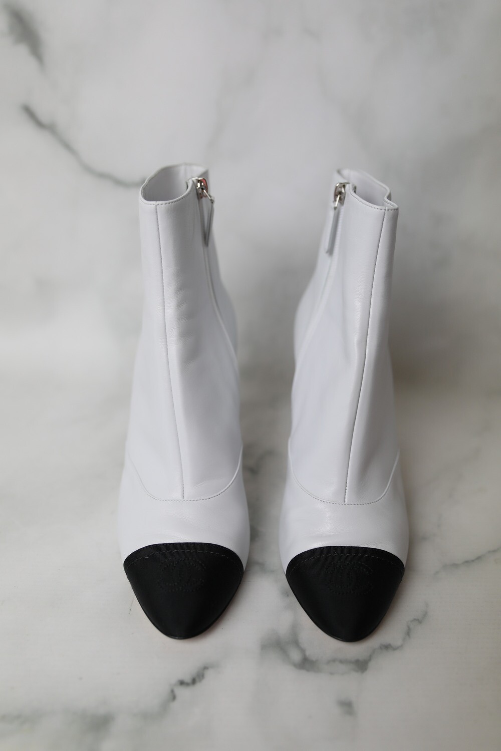 Chanel white 2025 boots black toe