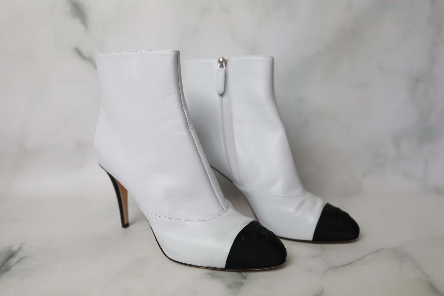 Chanel Shoes Boots, White with Black Cap Toe, Size 39.5, New in Box WA001