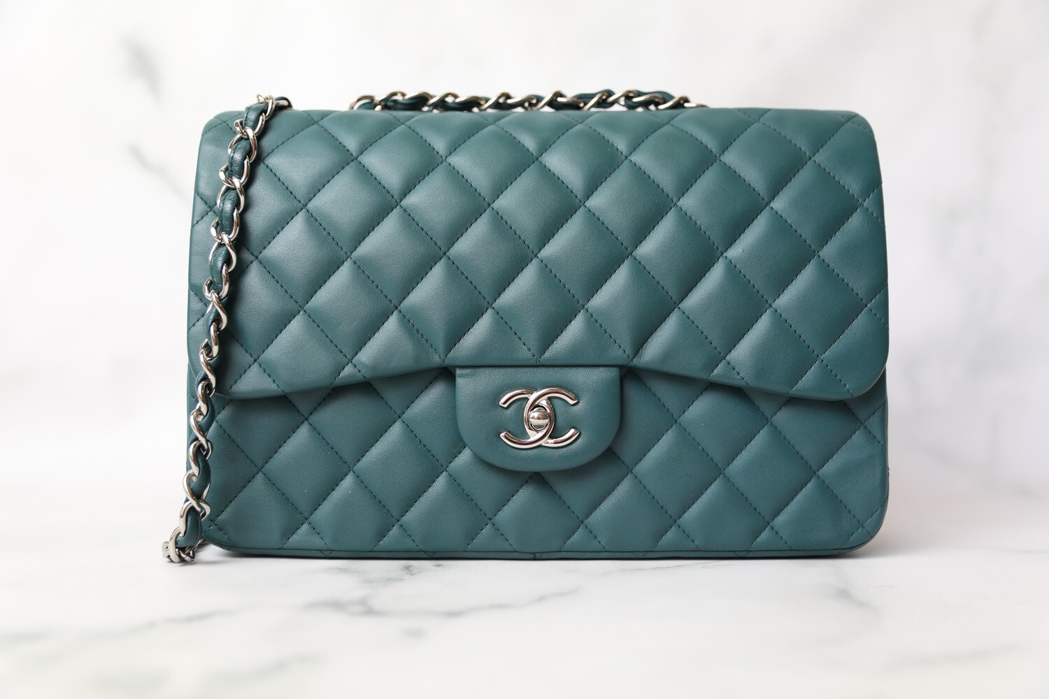 Chanel Classic Jumbo Single Flap, Turquoise Lambskin with Silver Hardware, Preowned in Box WA001