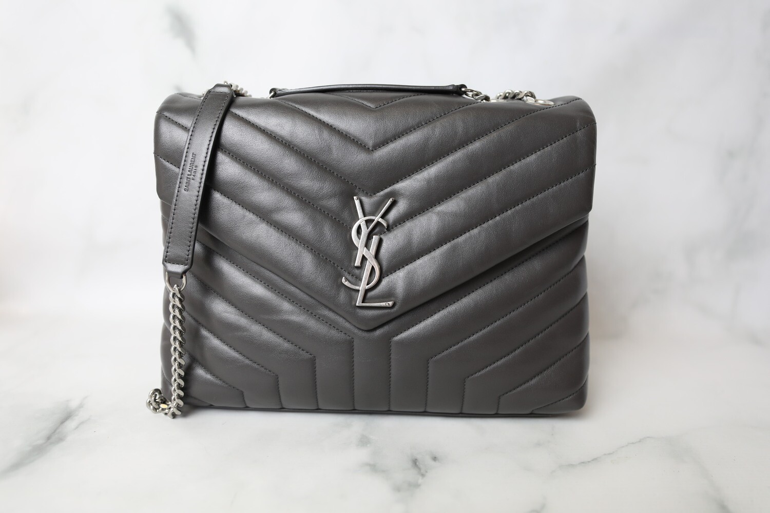 Saint Laurent Lou Lou Medium, Grey with Silver Hardware, Preowned in Dustbag WA001