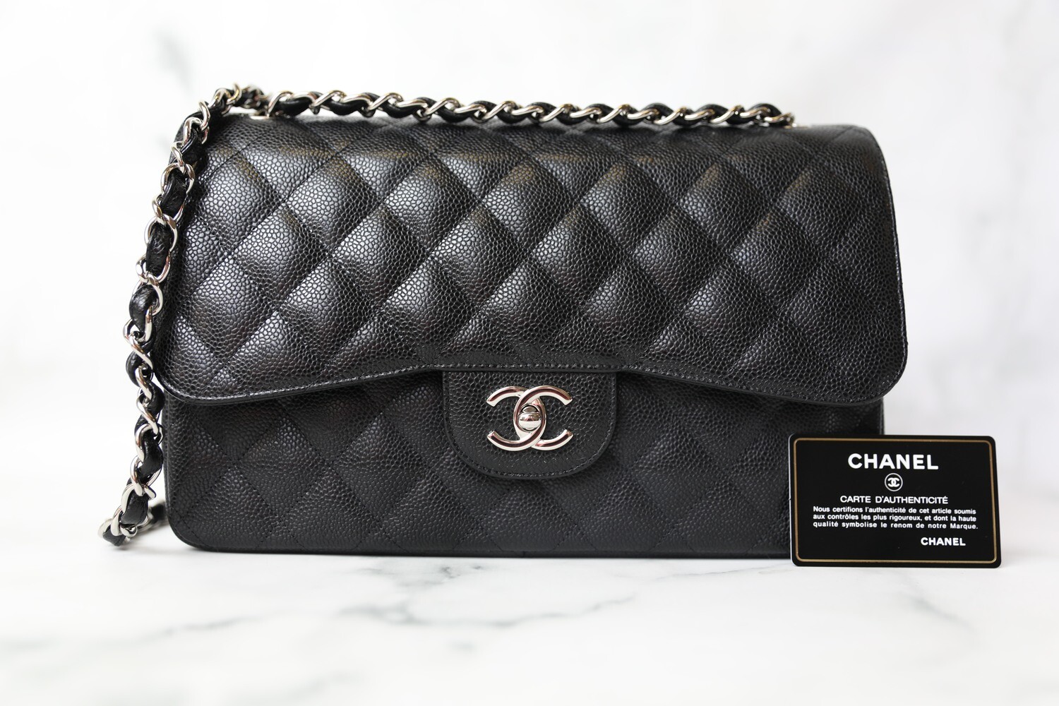 Chanel Classic Jumbo, Black Caviar with Silver Hardware, Preowned in Box WA001