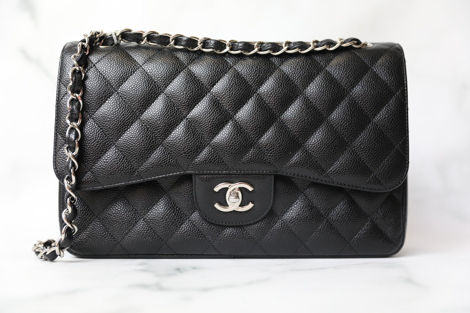 Chanel Classic Jumbo, Black Caviar with Silver Hardware, Preowned in Dustbag WA001
