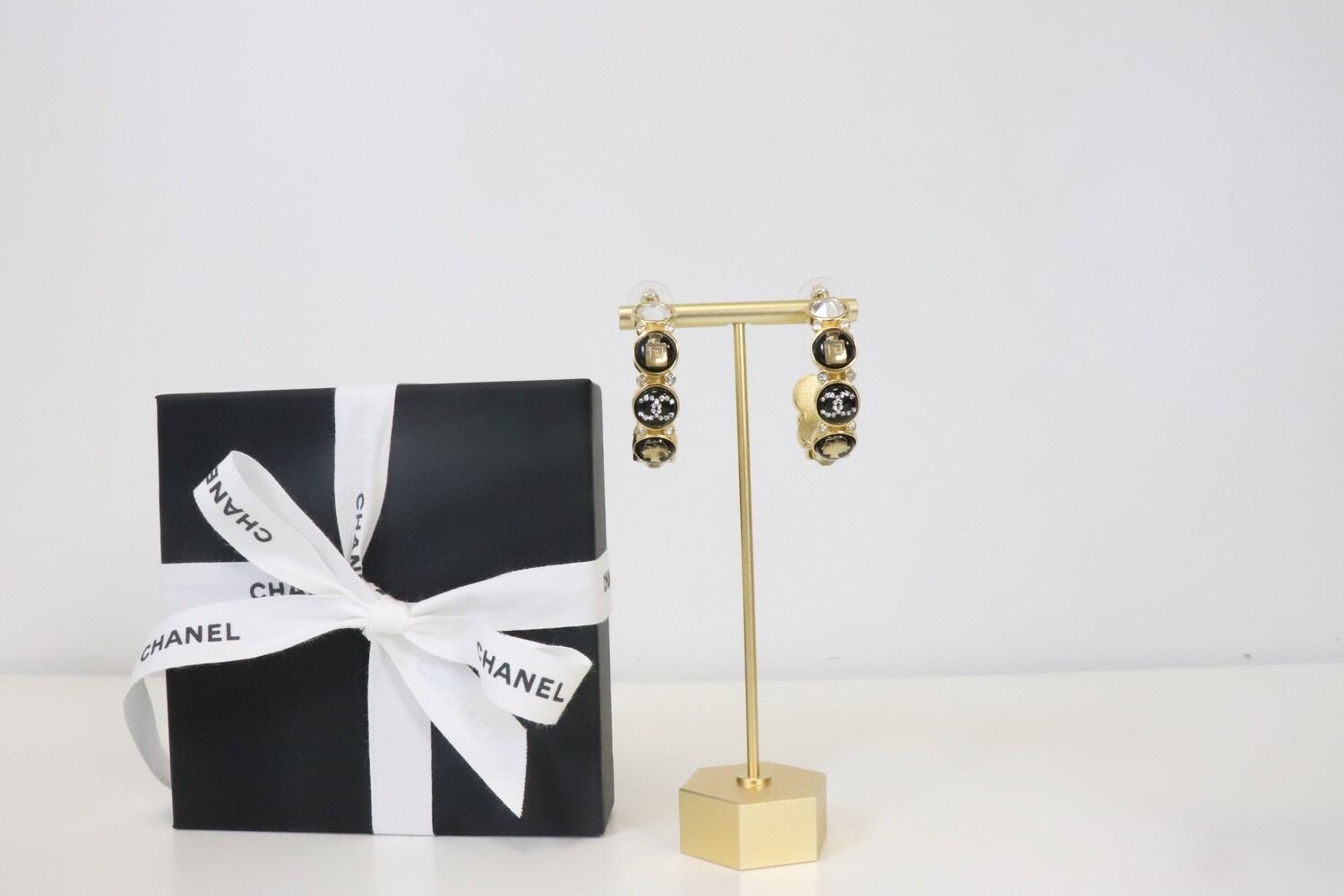 Chanel Earrings Hoops, Gold Crystal and Charm Shapes with CC, New in Box