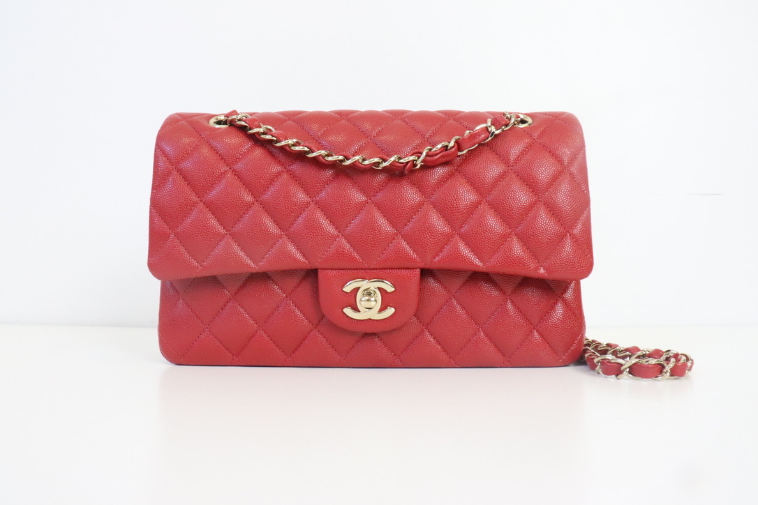 Chanel Medium Classic Caviar Double Flap Red Gold Hardware New 19B at  1stDibs