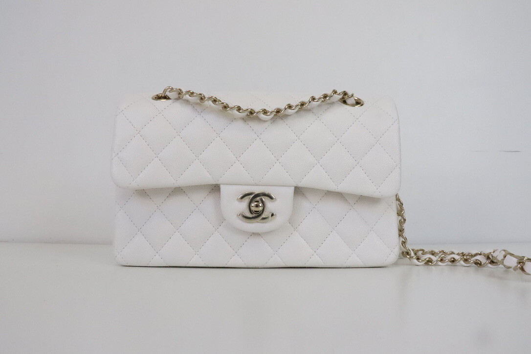 Chanel Classic Small Double Flap, White Caviar Leather, Light Gold  Hardware, New in Box