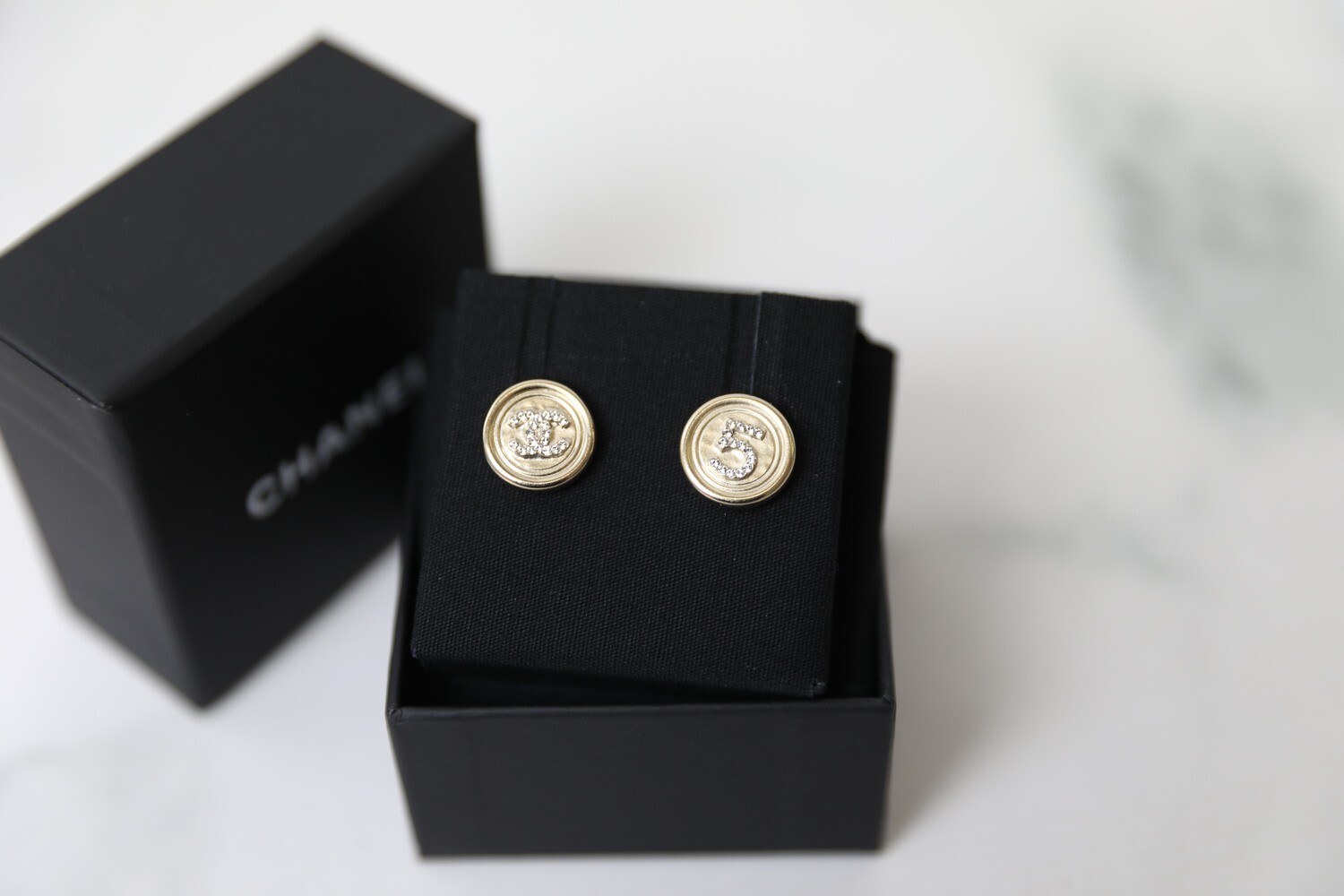 Chanel Stud Earrings, Round with Crystal Five and CC, New in Box WA001