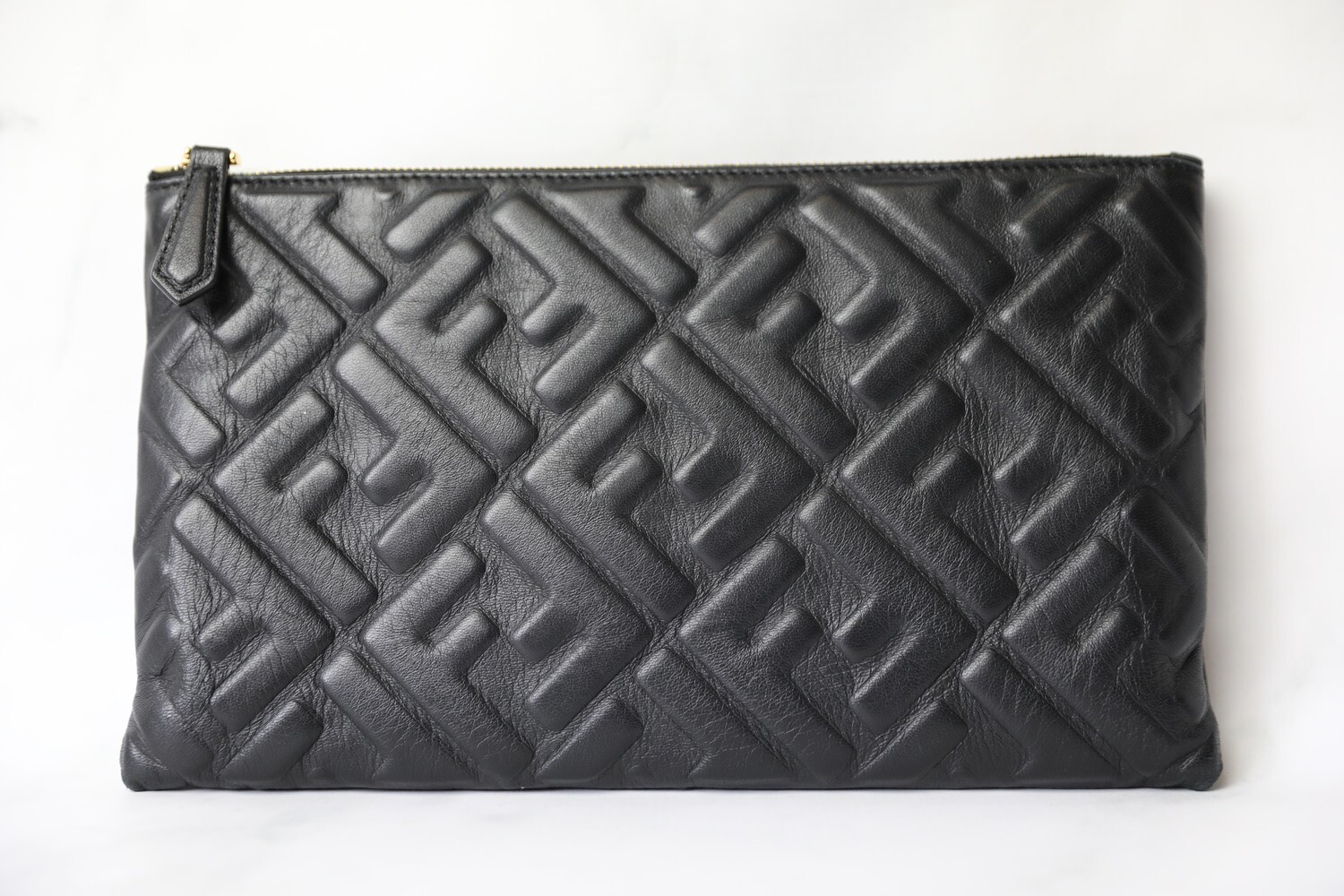 Fendi Clutch, Black Monogram Leather, Preowned in Box WA001