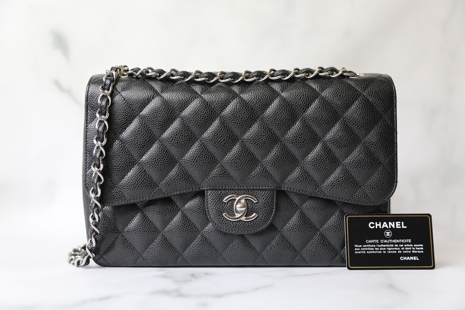 Chanel Classic Jumbo, Black Caviar with Silver Hardware Preowned in Box WA001