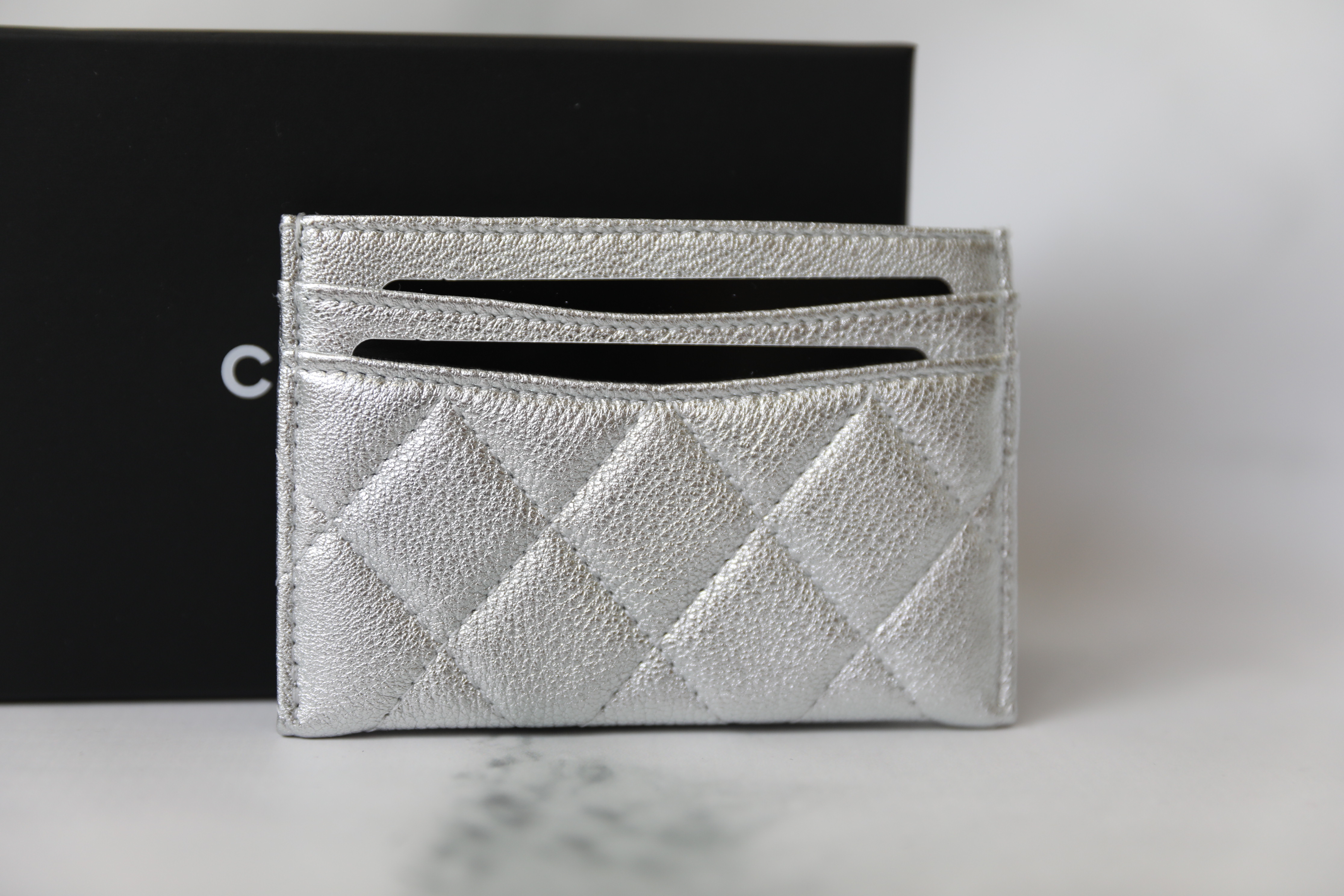 Chanel SLG Card Holder, Silver Lambskin with Silver Hardware